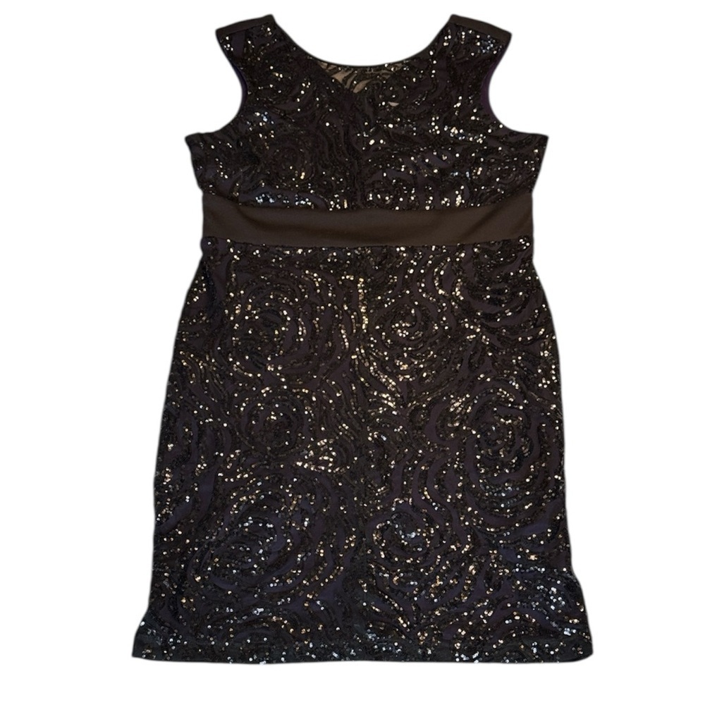 Ricki's Black Sequin Rose Sleeveless Dress Purple Under Layer sz 14 Stretch - Picture 1 of 15